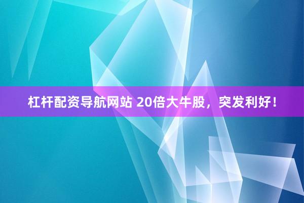 杠杆配资导航网站 20倍大牛股，突发利好！